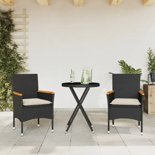Gossi set bistro cu perne, 3 piese, negru, poliratan si sticla