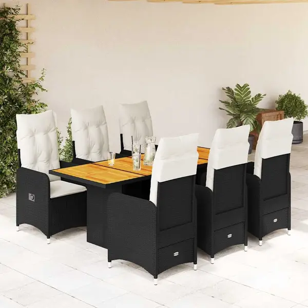 Gossi set bistro de gradina, 7 piese, cu perne, negru, poliratan