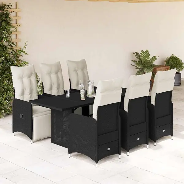 Gossi set bistro de gradina, 7 piese, cu perne, negru, poliratan