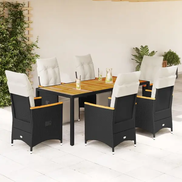 Gossi set bistro de gradina, 7 piese, cu perne, negru, poliratan