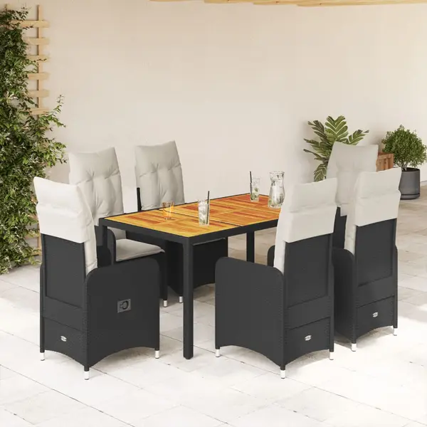 Gossi set bistro de gradina, 7 piese, cu perne, negru, poliratan