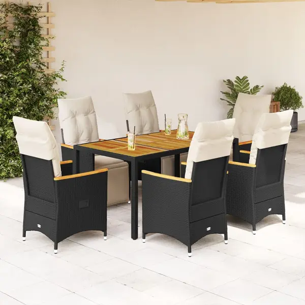 Gossi set bistro de gradina, 7 piese, cu perne, negru, poliratan
