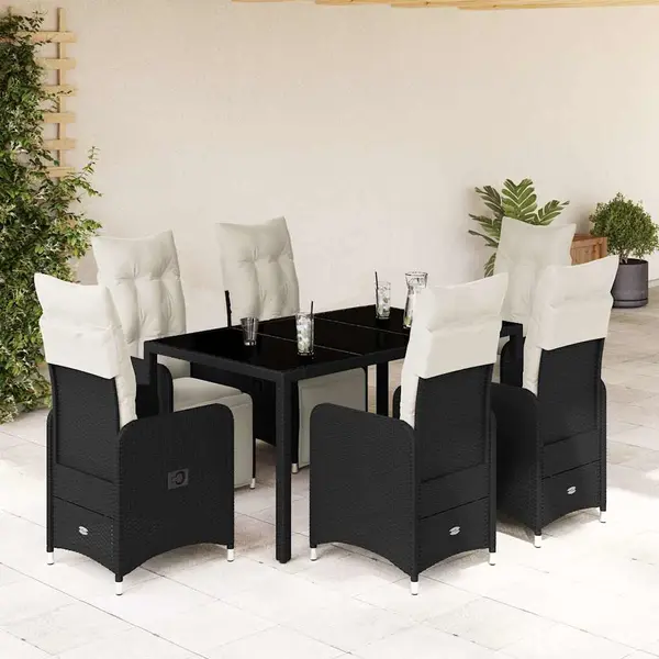 Gossi set bistro de gradina, 7 piese, cu perne, negru, poliratan