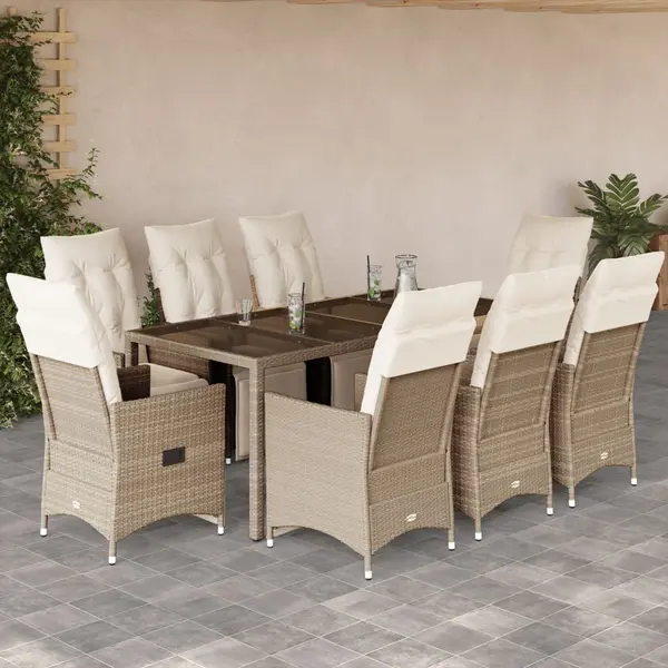 Gossi set bistro de gradina, 9 piese, cu perne, bej, poliratan