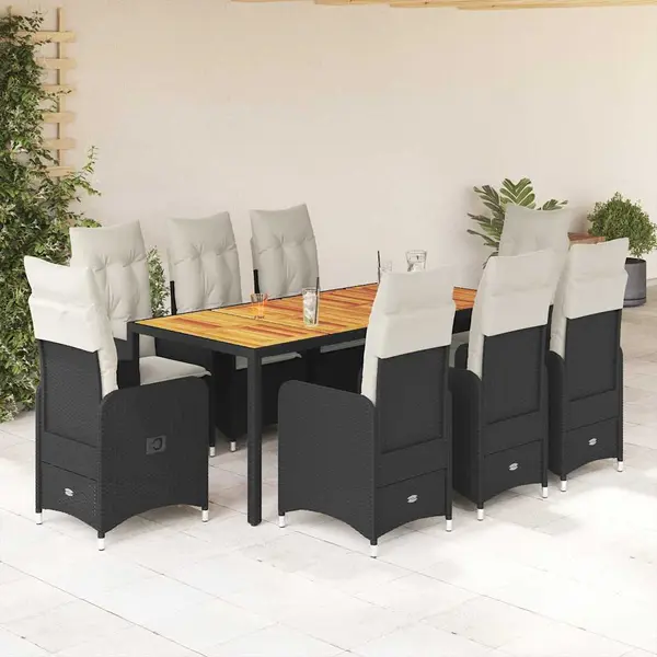 Gossi set bistro de gradina, 9 piese, cu perne, negru, poliratan