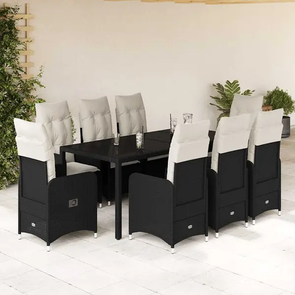 Gossi set bistro de gradina, 9 piese, cu perne, negru, poliratan