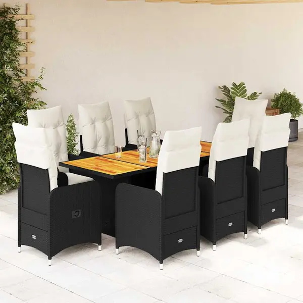 Gossi set bistro de gradina, 9 piese, cu perne, negru, poliratan