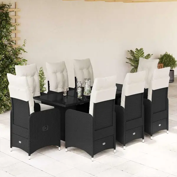 Gossi set bistro de gradina, 9 piese, cu perne, negru, poliratan