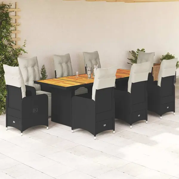 Gossi set bistro de gradina, 9 piese, cu perne, negru, poliratan