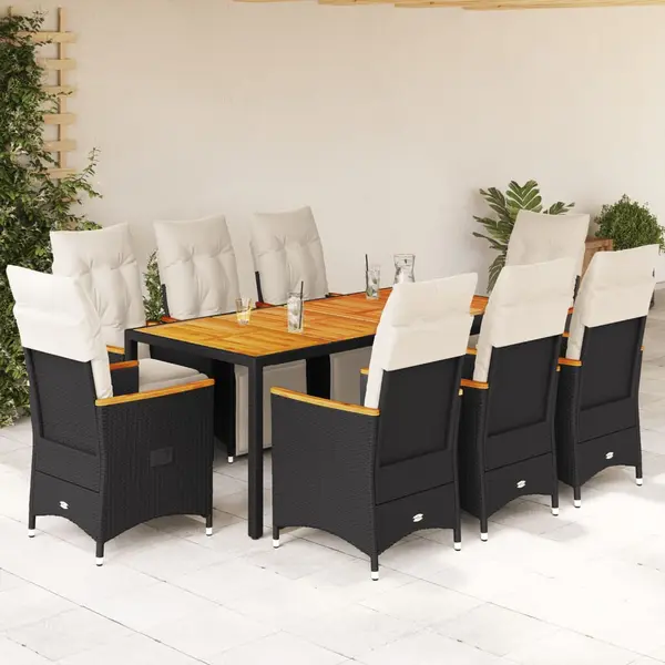 Gossi set bistro de gradina, 9 piese, cu perne, negru, poliratan