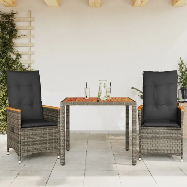 Gossi set bistro de gradina cu perne, 3 piese, gri, poliratan