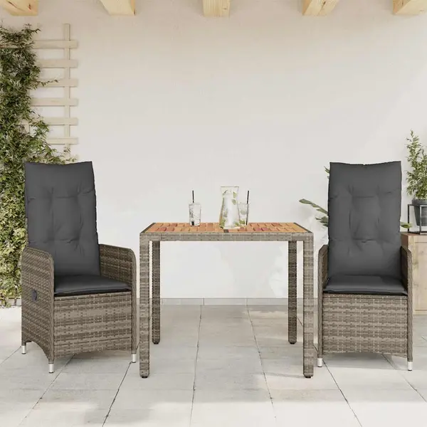 Gossi set bistro de gradina cu perne, 3 piese, gri, poliratan