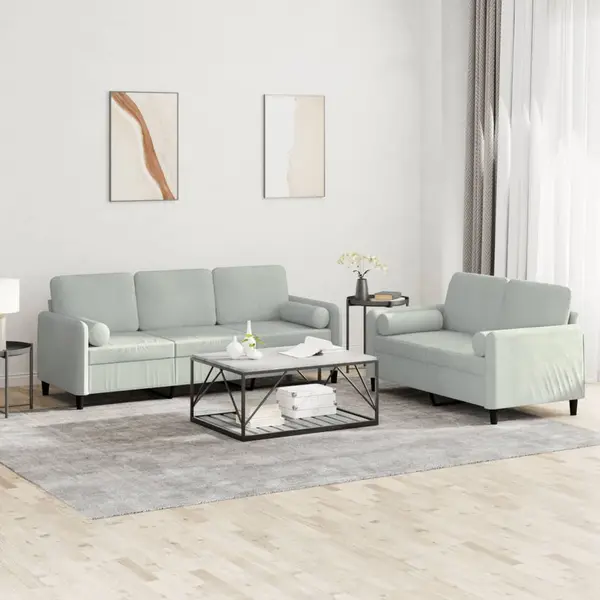 Gossi set canapea cu perne, 2 piese, gri deschis, catifea