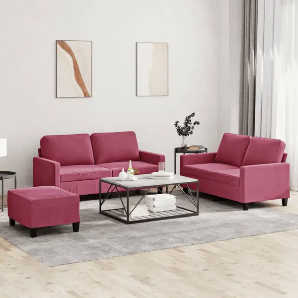 Gossi set canapea cu perne, 3 piese, rosu vin, catifea