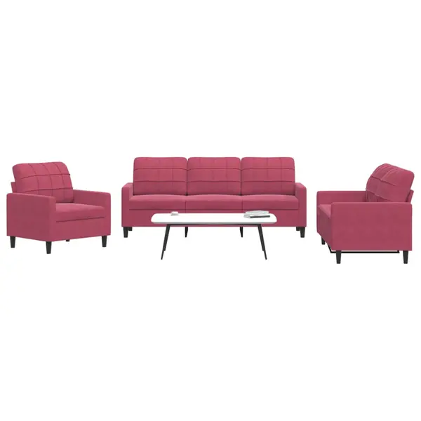 Gossi set canapea cu perne, 3 piese, rosu vin, catifea