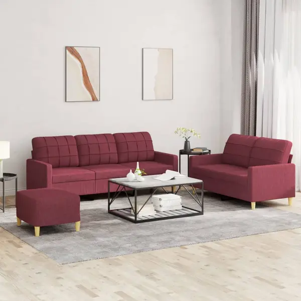 Gossi set canapea cu perne, 3 piese, rosu vin, material textil