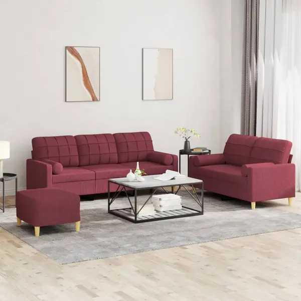 Gossi set canapea cu perne, 3 piese, rosu vin, material textil