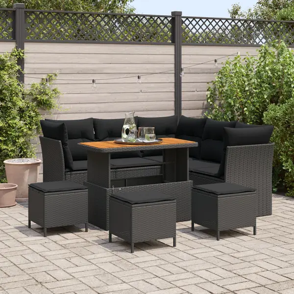 Gossi set canapea de gradina cu 8 piese, perne din ratan poli negru si acacia, Gossi set de dining de gradina cu 3 piese, perne din ratan poli negru si acacia