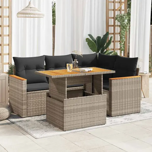 Gossi set canapea de gradina cu perne, 5 piese, poliratan/lemn acacia