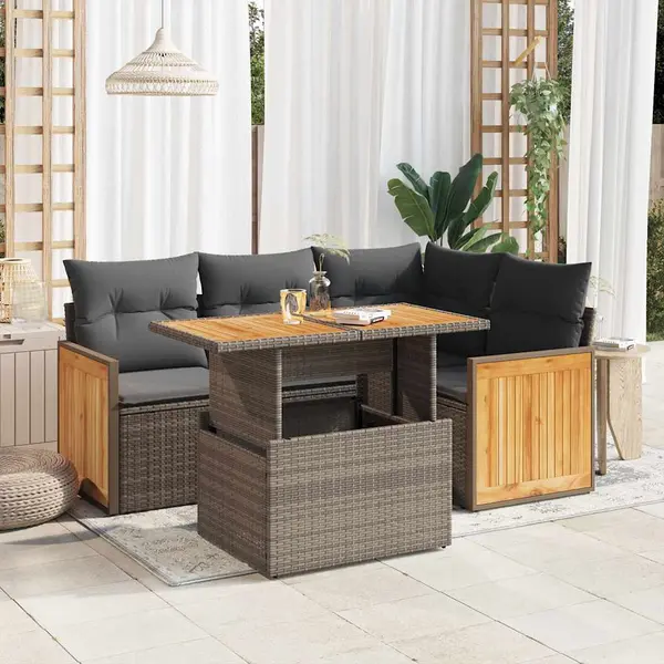 Gossi set canapea de gradina cu perne, 5 piese, poliratan/lemn acacia