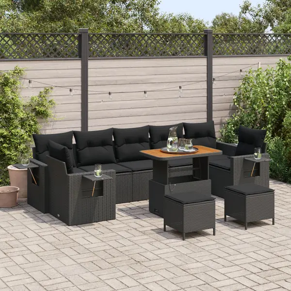 Gossi set canapea gradina 10 piese cu perne poliratan negru acacia, Gossi set dining gradina 3 piese cu perne poliratan negru acacia