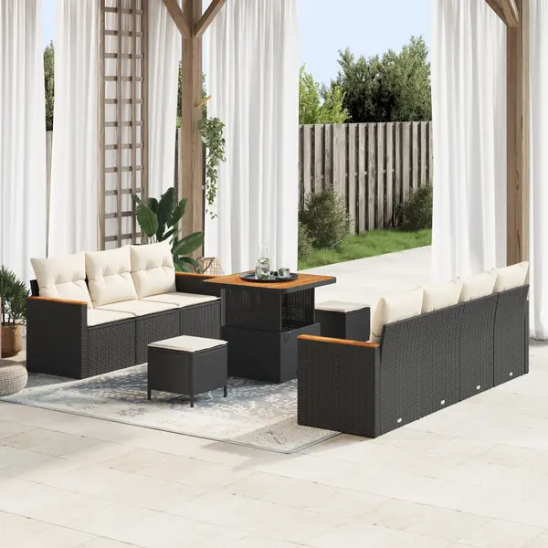 Gossi set canapea gradina 10 piese cu perne, ratan poli negru acacia