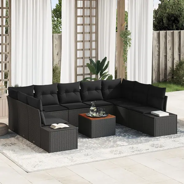Gossi set canapea gradina 10 piese cu perne ratan poliat negru si acacia.