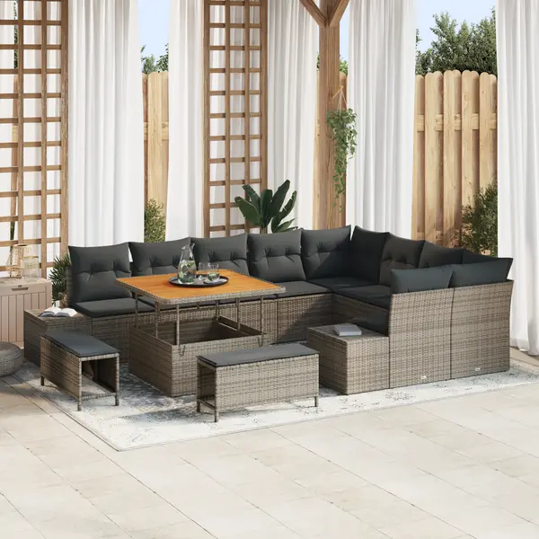 Gossi set canapea gradina 12 piese cu perne gri rattan poli acacia, Gossi set dining gradina 3 piese cu perne gri rattan poli acacia, Gossi canapea gradina 2 locuri cu perne gri rattan poli