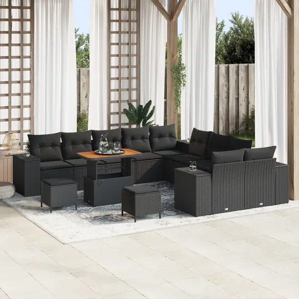 Gossi set canapea gradina 13 piese cu perne ratan negru acacia, Gossi set dining gradina 3 piese cu perne ratan negru acacia