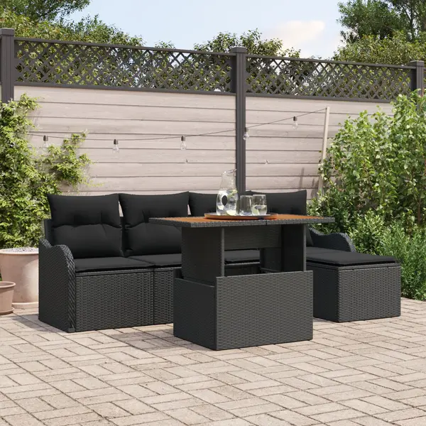 Gossi set canapea gradina cu 6 piese si perne din ratan negru si acacia, Gossi canapea gradina cu 2 locuri si perne din ratan negru