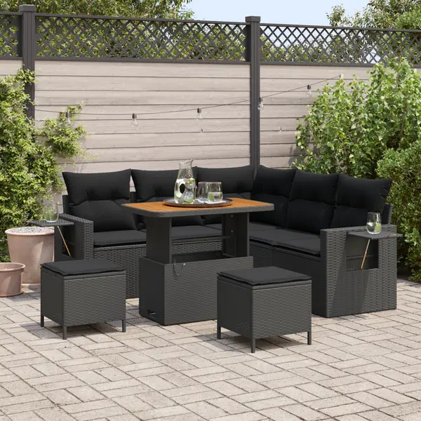 Gossi set canapea gradina cu 8 piese si perne ratan poli acacia negru