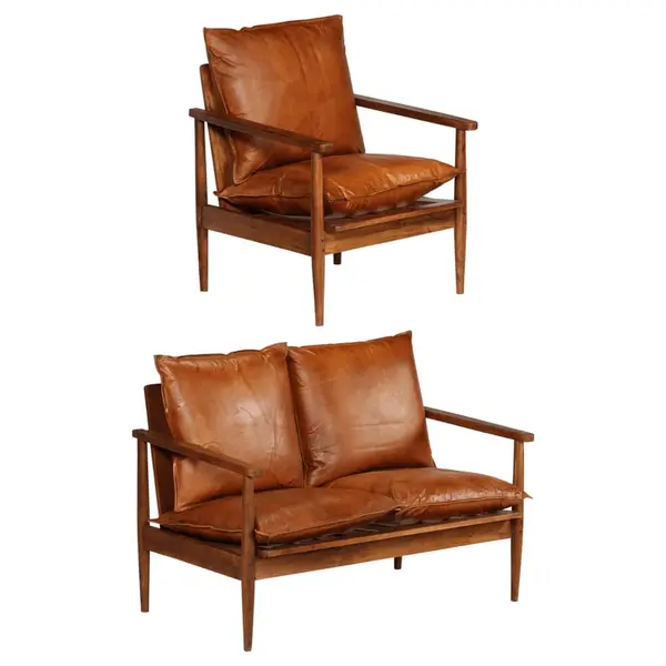 Gossi set canapele, 2 piese, maro, piele naturala/lemn masiv acacia