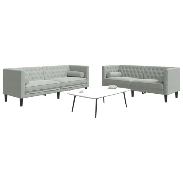 Gossi set canapele chesterfield cu perne rulou, 2 piese, gri, catifea