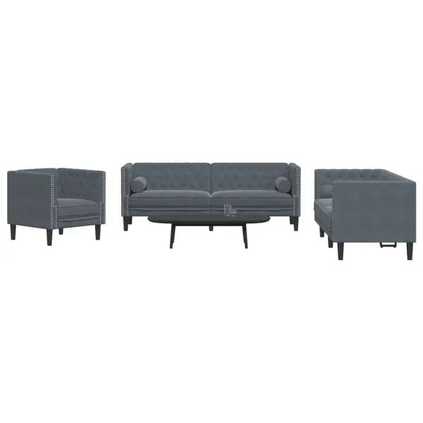Gossi set canapele chesterfield cu perne rulou, 3 piese, gri, catifea