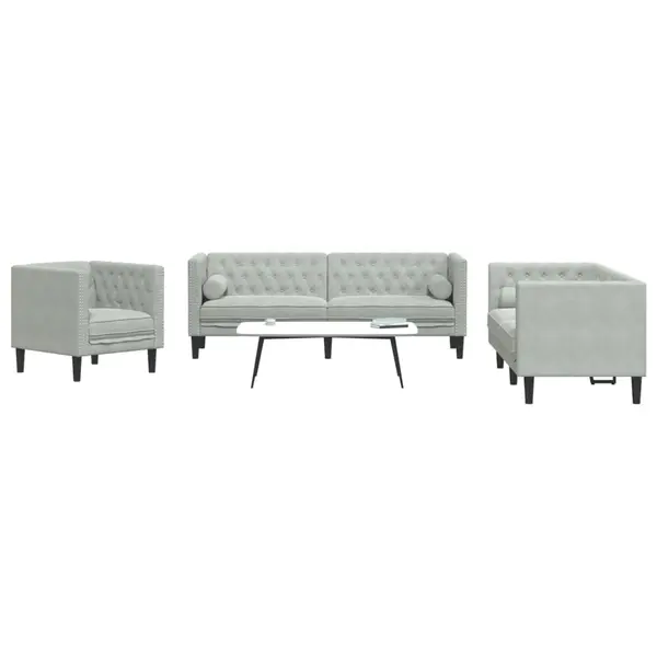 Gossi set canapele chesterfield cu perne rulou, 3 piese, gri, catifea