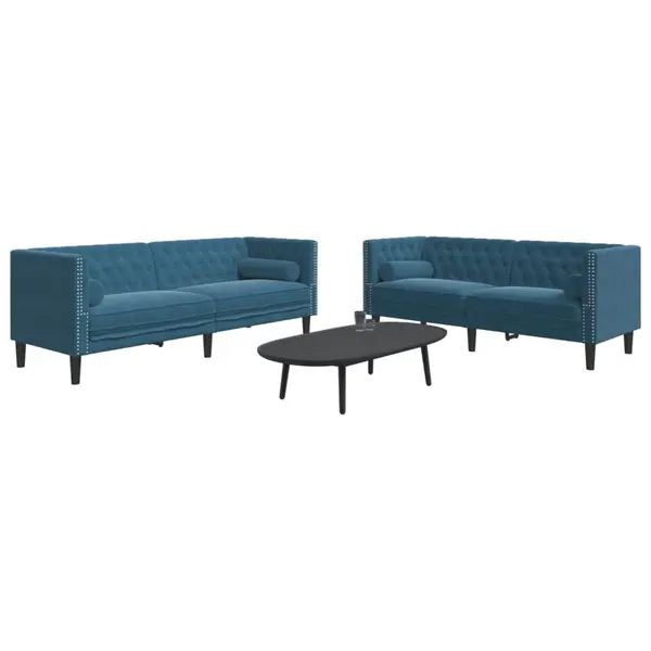 Gossi set canapele chesterfield perne rulou 2 piese albastru catifea