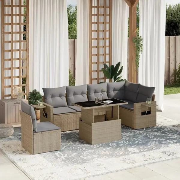 Gossi set canapele de gradina, 7 piese, cu perne, bej, poliratan
