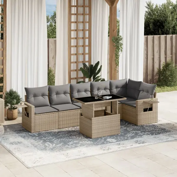 Gossi set canapele de gradina, 7 piese, cu perne, bej, poliratan