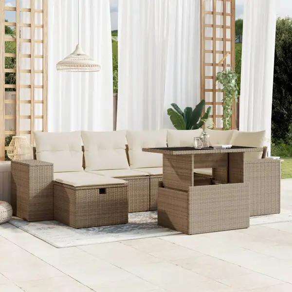 Gossi set canapele de gradina, 7 piese, cu perne, bej, poliratan