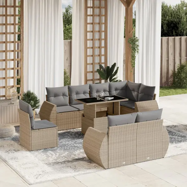 Gossi set canapele de gradina, 9 piese, cu perne, bej, poliratan