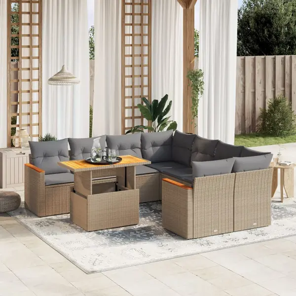 Gossi set canapele de gradina, 9 piese, cu perne, bej, poliratan