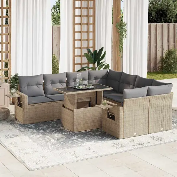 Gossi set canapele de gradina, 9 piese, cu perne, bej, poliratan