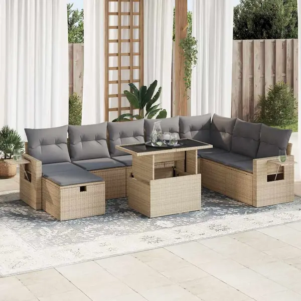 Gossi set canapele de gradina, 9 piese, cu perne, bej, poliratan