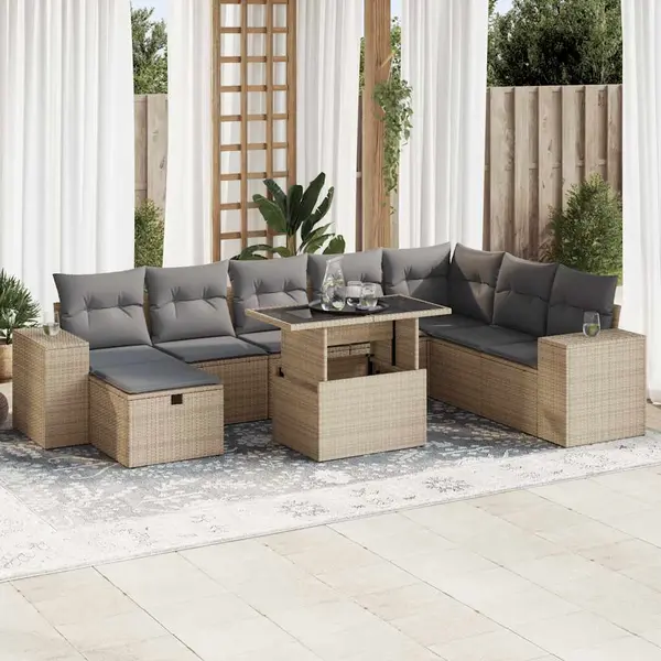 Gossi set canapele de gradina, 9 piese, cu perne, bej, poliratan