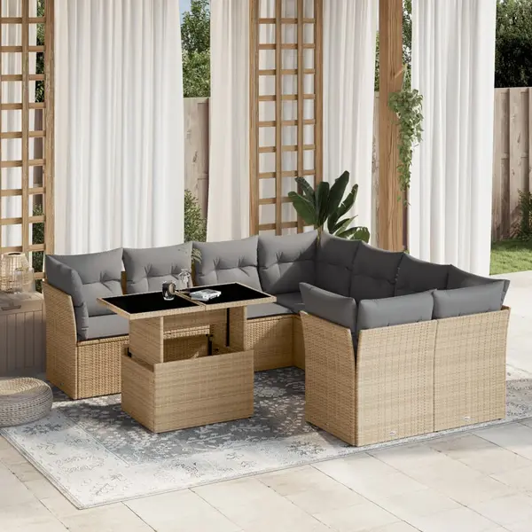 Gossi set canapele de gradina, 9 piese, cu perne, bej, poliratan