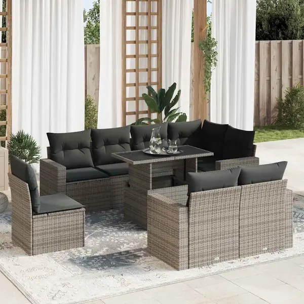Gossi set canapele de gradina, 9 piese, cu perne, gri, poliratan