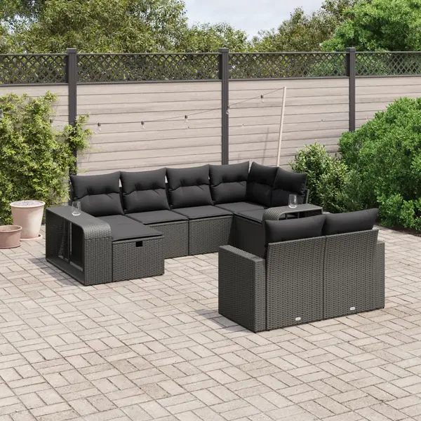 Gossi set canapele de gradina cu perne, 10 piese, negru, poliratan