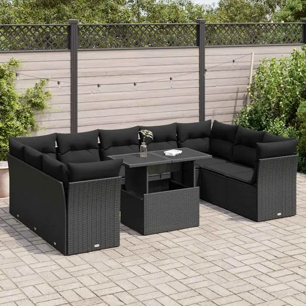 Gossi set canapele de gradina cu perne, 10 piese, negru, poliratan