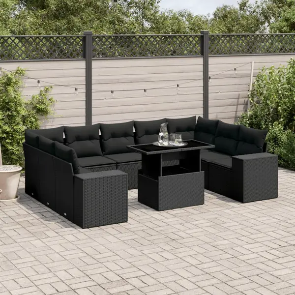 Gossi set canapele de gradina cu perne, 10 piese, negru, poliratan