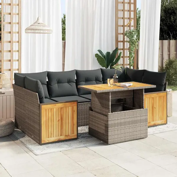 Gossi set canapele gradina cu perne 7 piese gri poliratan/lemn acacia
